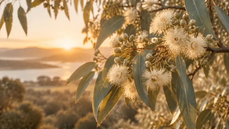 Creamy eucalyptus blossoms and silvery-green leaves in golden light
