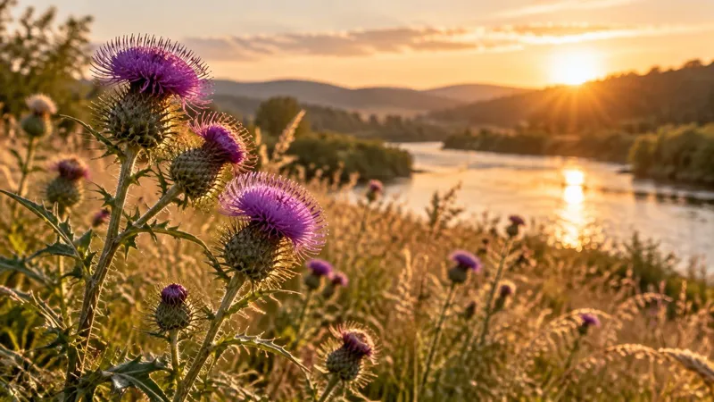 Wild purple thistle blossoms in golden light beside a river