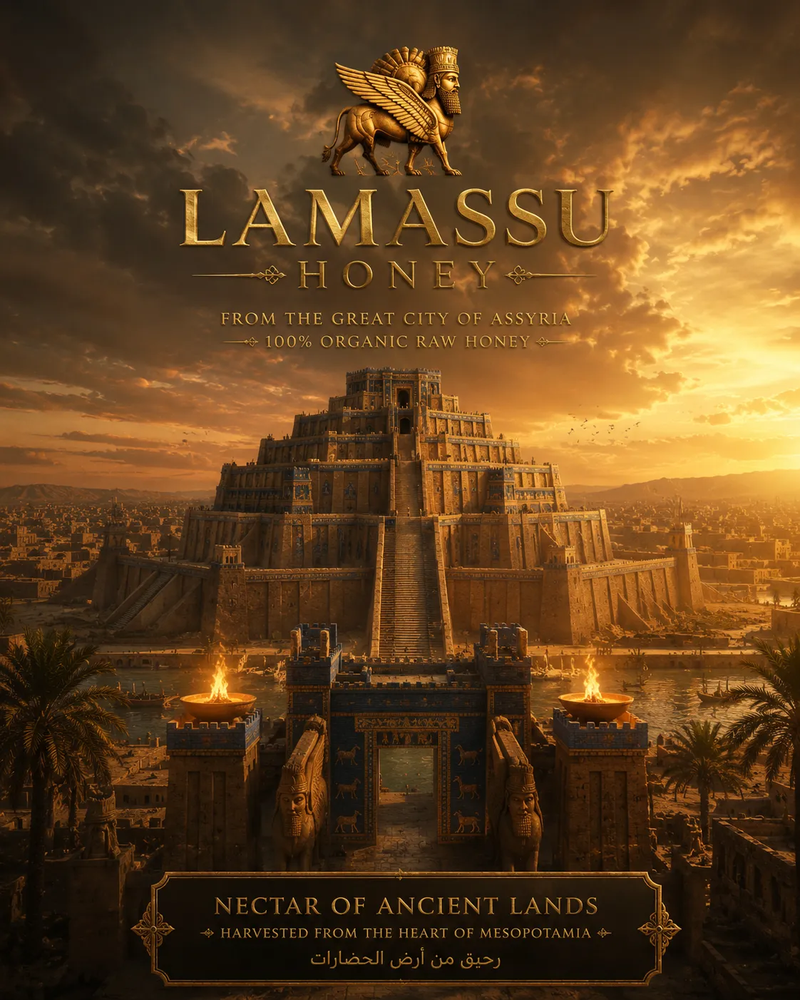 Lamassu Honey on a Mesopotamian table